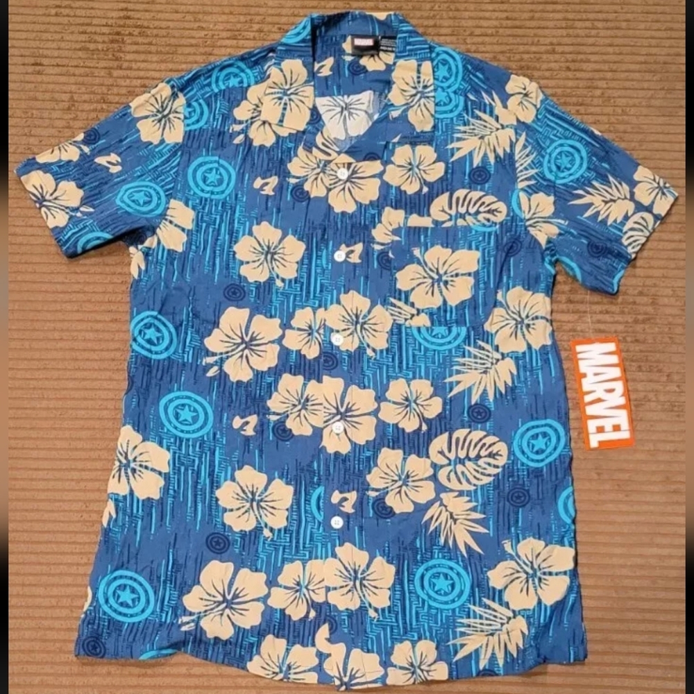 CAPTAIN AMERICA HAWAIIAN SHIRT MENS MEDIUM MARVEL SHIRT NEW BLUE TONES COOL